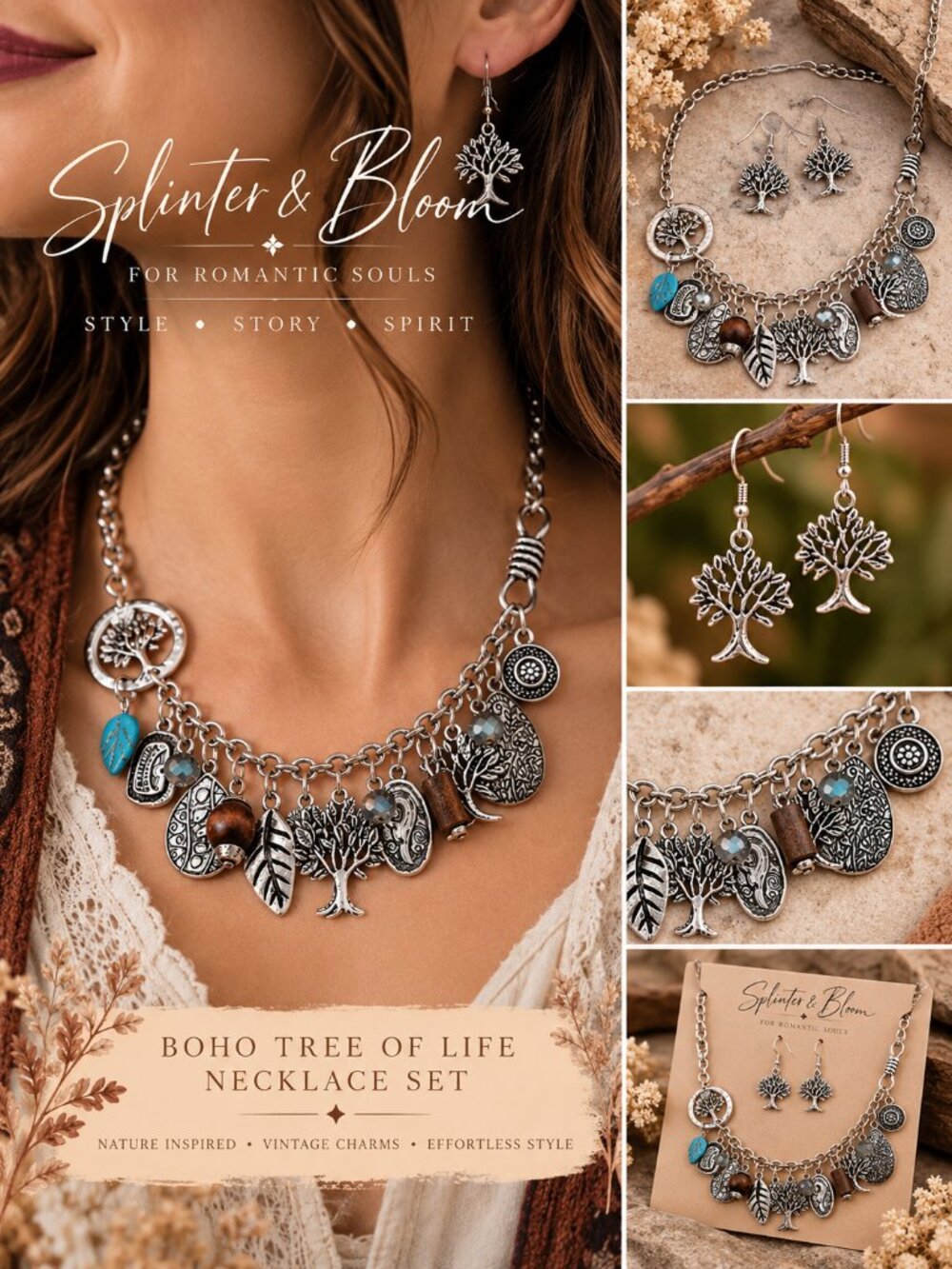 NWT Boho Tree of Life Charm Necklace & Earrings Set